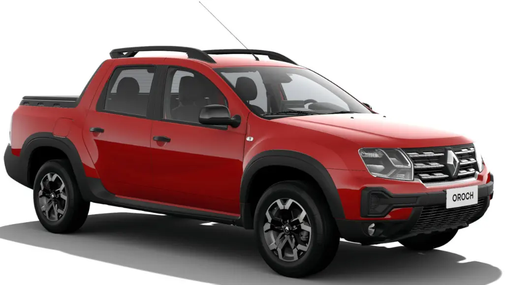 Renault Oroch Iconic vermelha, vista de lado e com detalhes pretos