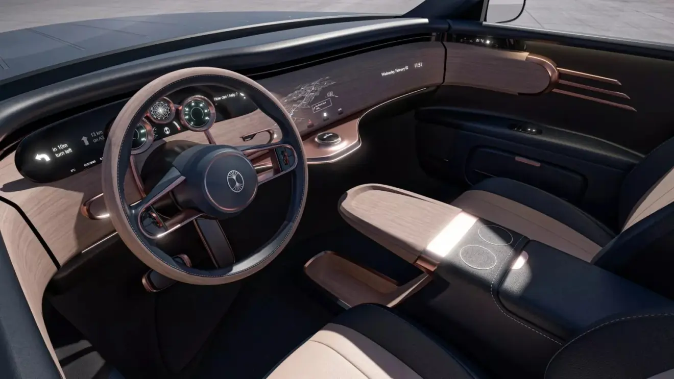 Interior dianteiro do Fusca de luxo elétrico