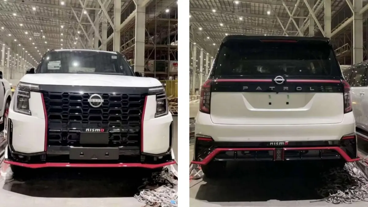 Duas nova gerações do Nissan Patrol Nismo branco de frente e de costas estáticos