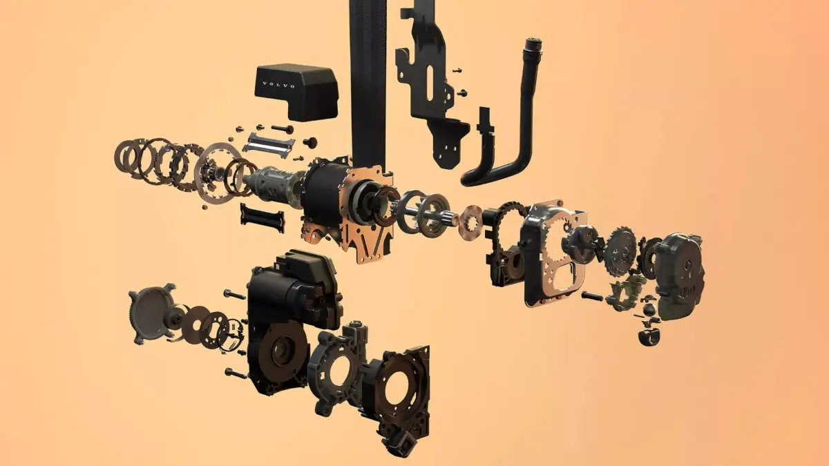Engrenagens e elementos que compoe o cinto de segurança da Volvo inteligente do EX60 e fundo laranja
