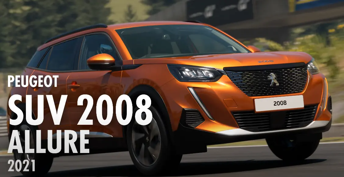 Peugeot 2008 Allure laranja, visto de lado e com faróis acesos no Gran Turismo 7