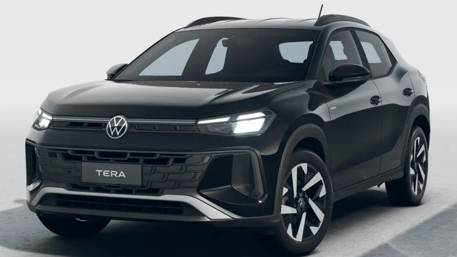 Volkswagen Tera High preto, visto de frente e com faróis acesos