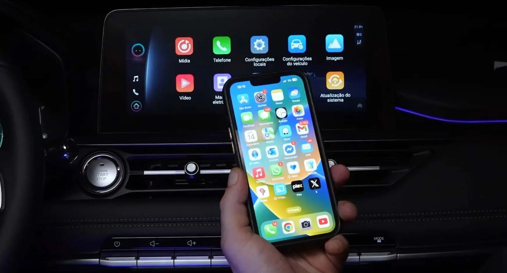 Central multimídia do CAOA Chery Tiggo 5X 2026 com Android Auto e Apple CarPlay sem fio