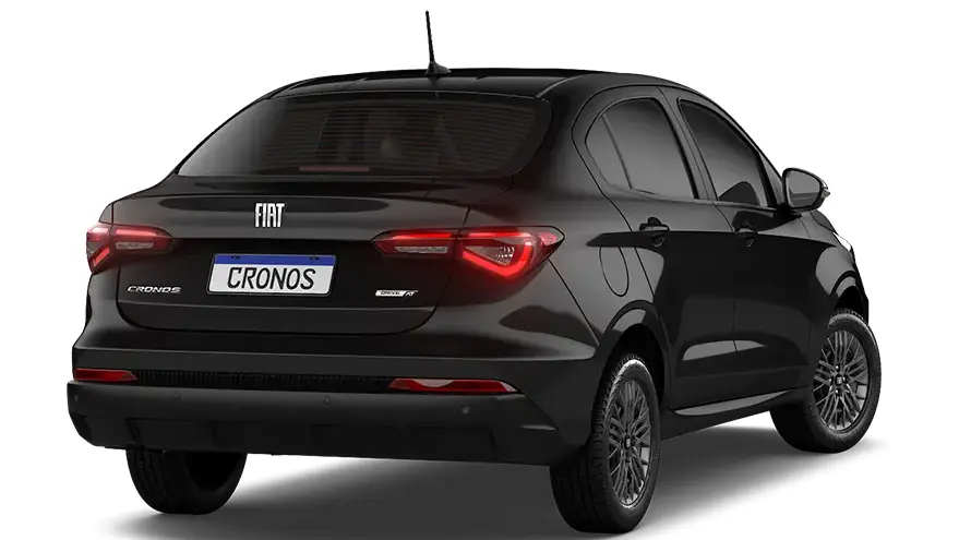 Fiat Cronos Drive CVT preto visto de trás e com lanternas acesas
