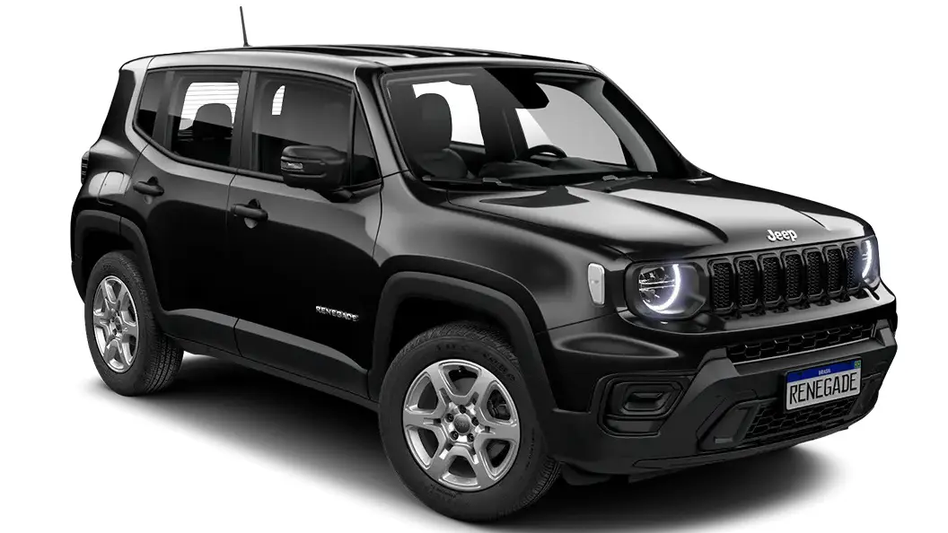 Jeep Renegade Sport T270 preto com DRL's acesos e visto de lado