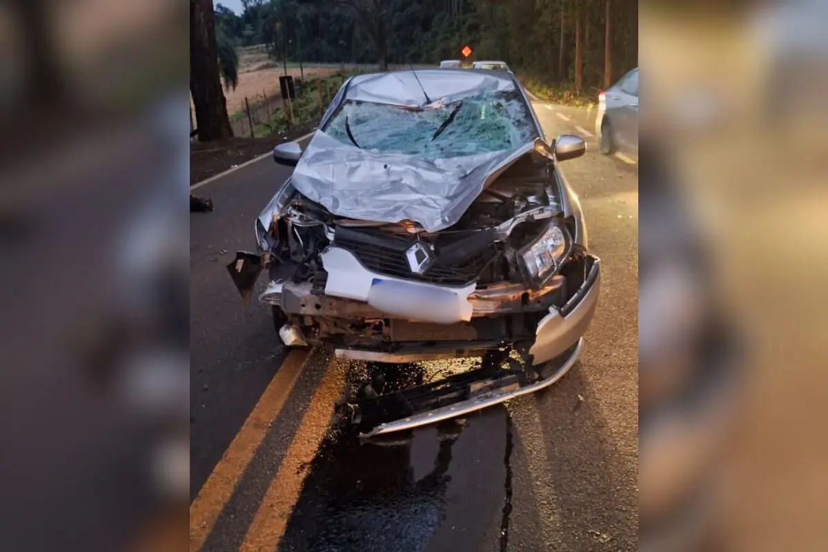 Renault Logan prata destruído após acidente na SC-283