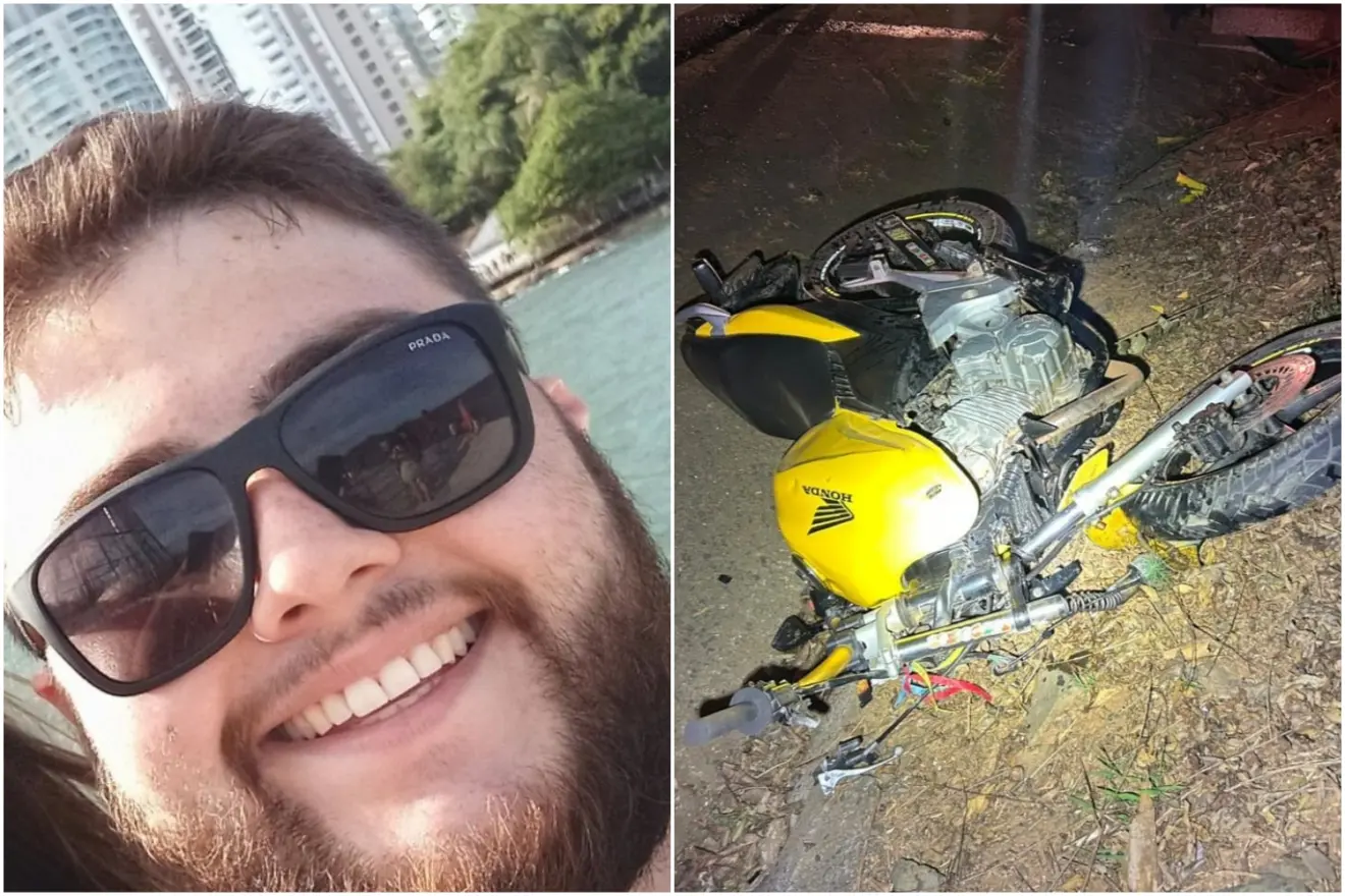 Montagem com foto de vítima fatal e acidente na SC-465