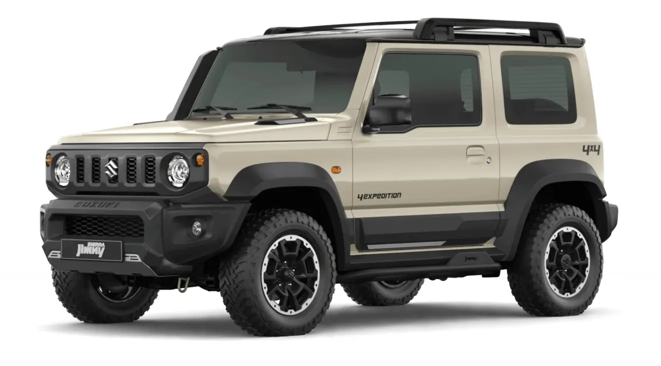Suzuki Jimny Sierra 4Expedition bege com detalhes pretos, visto de lado é um dos carros podem encarar muito bem o fora de estrada
