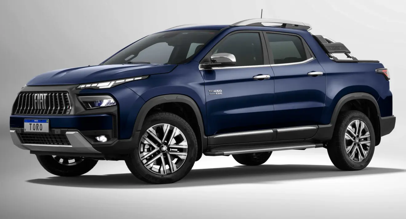 Fiat Toro Ranch 2026 azul parada de frente com fundo neutro