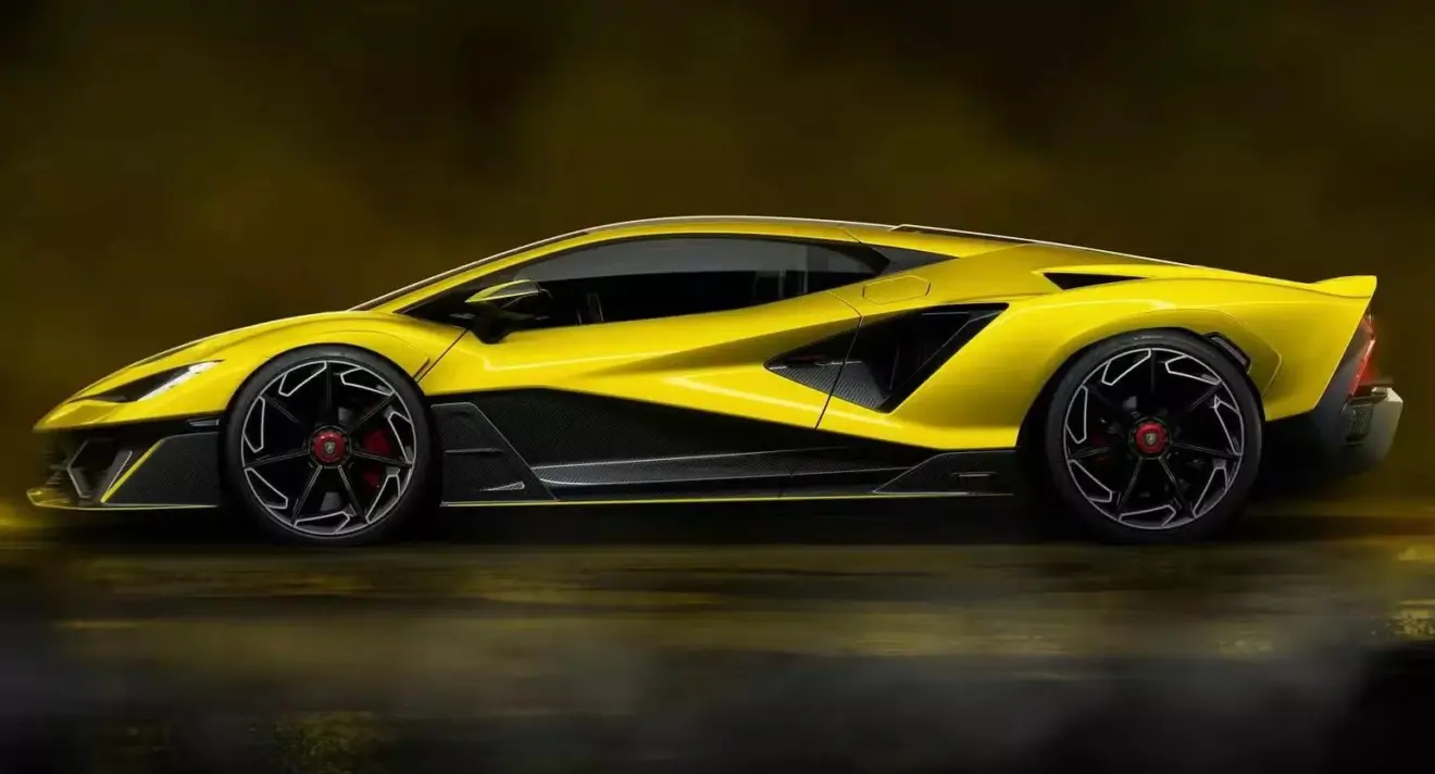 Lamborghini Fenomeno amarelo parado de lateral com fundo amarelo