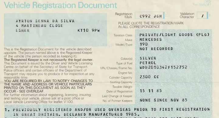 Documento do Mercedes-Benz 190 E de Ayrton Senna