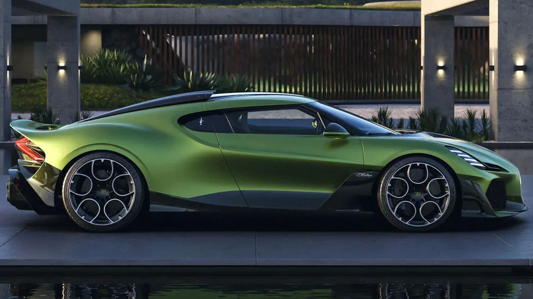 Bugatti Brouillard verde visto de lado