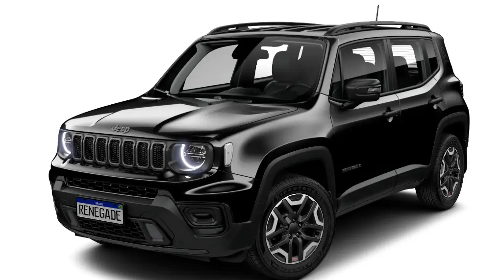 Jeep Renegade Altitude preto visto de frente e com DRL's acesos