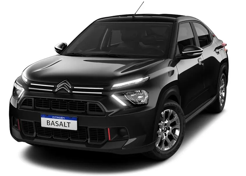 Citroën Basalt Feel 1.0 MT preto parado de frente com fundo neutro