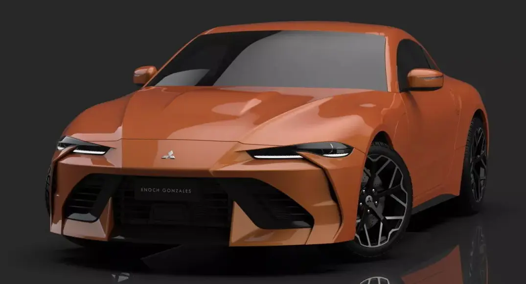 Projeto do novo Mitsubishi Eclipse laranja parado de frente com fundo neutro