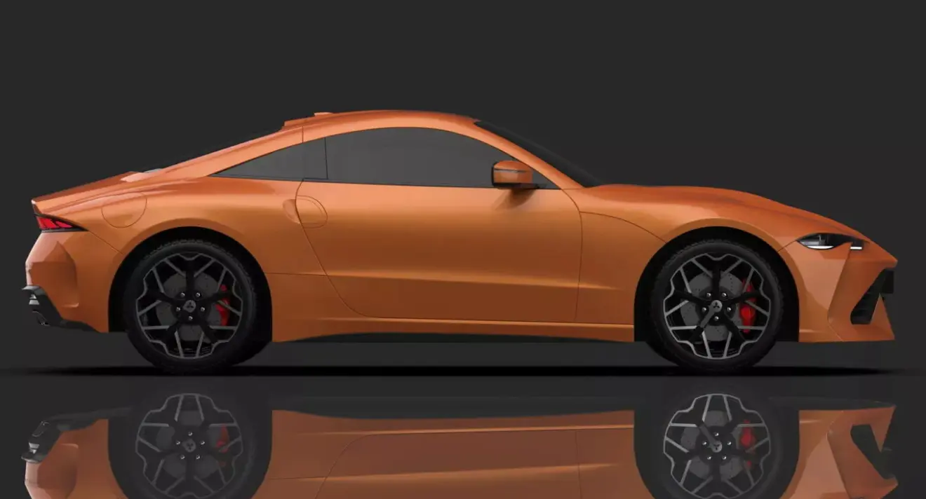 Projeto do novo Mitsubishi Eclipse laranja parado de lateral com fundo neutro