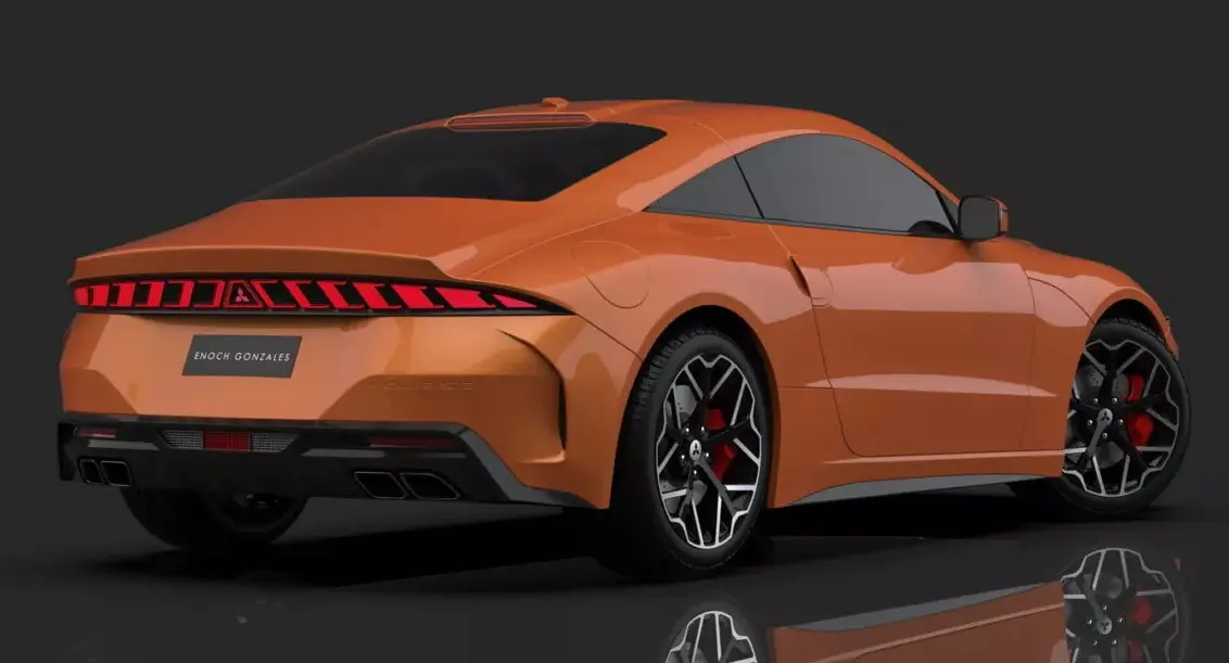 Projeto do novo Mitsubishi Eclipse laranja parado de traseira com fundo neutro