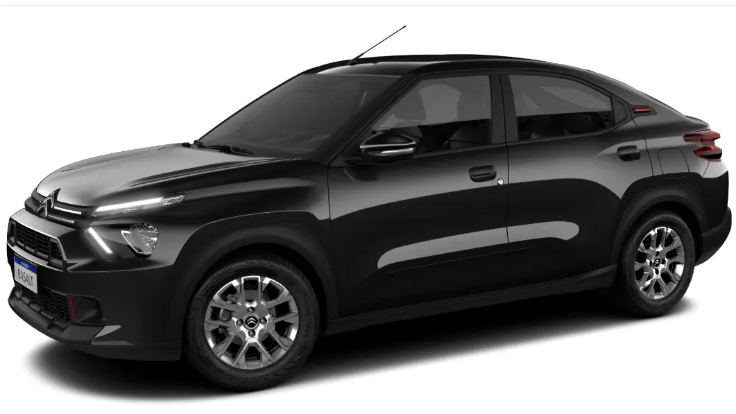 Citroën Basalt Feel T200 CVT preto, visto de lado e com DRL's acesos