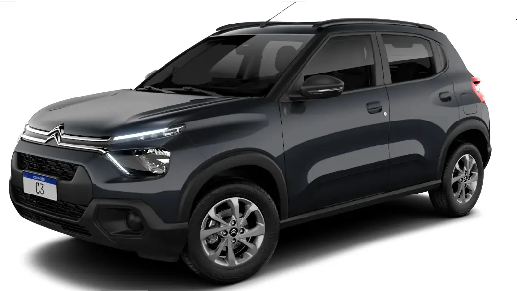 Citroën C3 Feel preto, visto de lado e com DRL's acesos