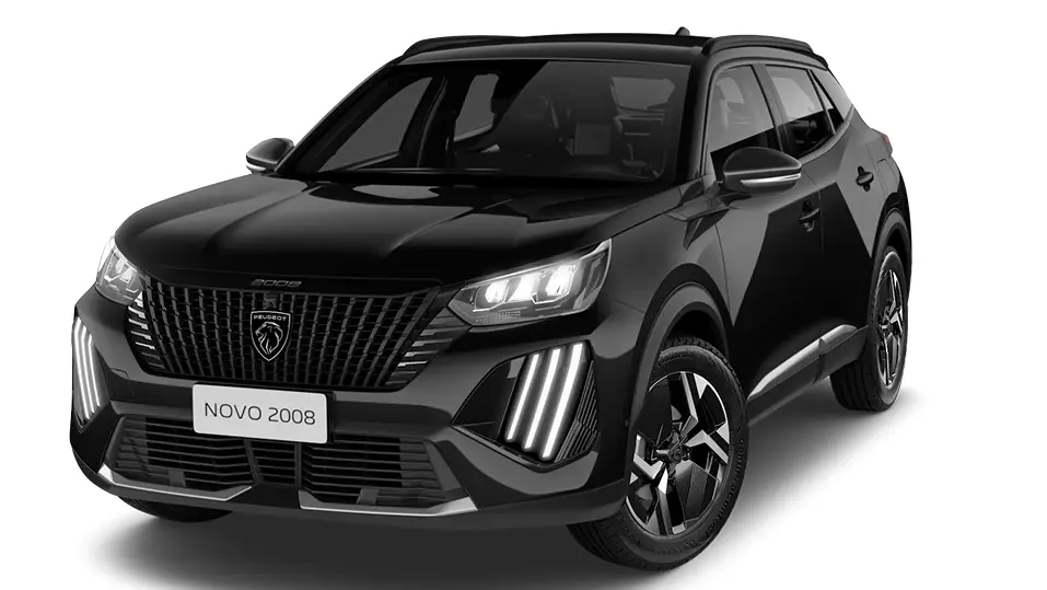 Peugeot 2008 Allure 2026 preto visto de frente e com Faróis e DRL's acesos