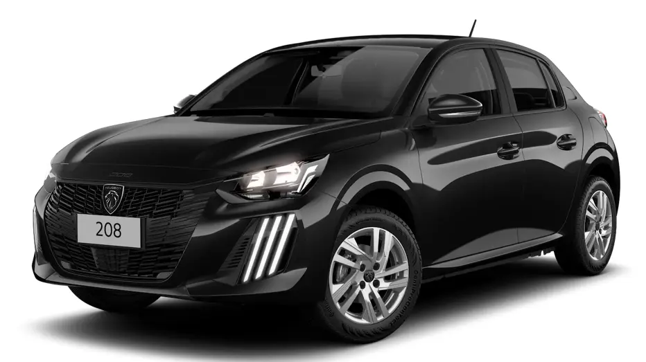 Peugeot 208 Active 2026 preto visto de frente e com faróis e DRL's acesos