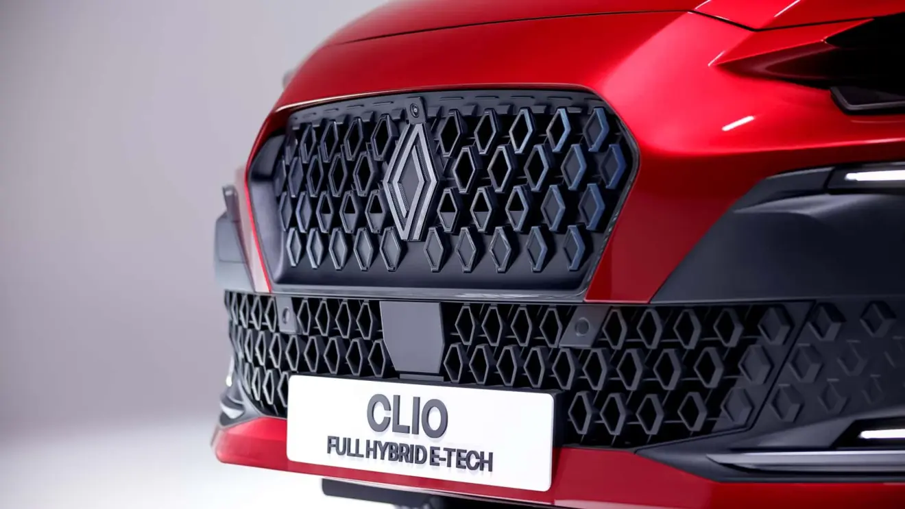 Grade frontal do Renault Clio 2026 de sexta geração vermelho estático