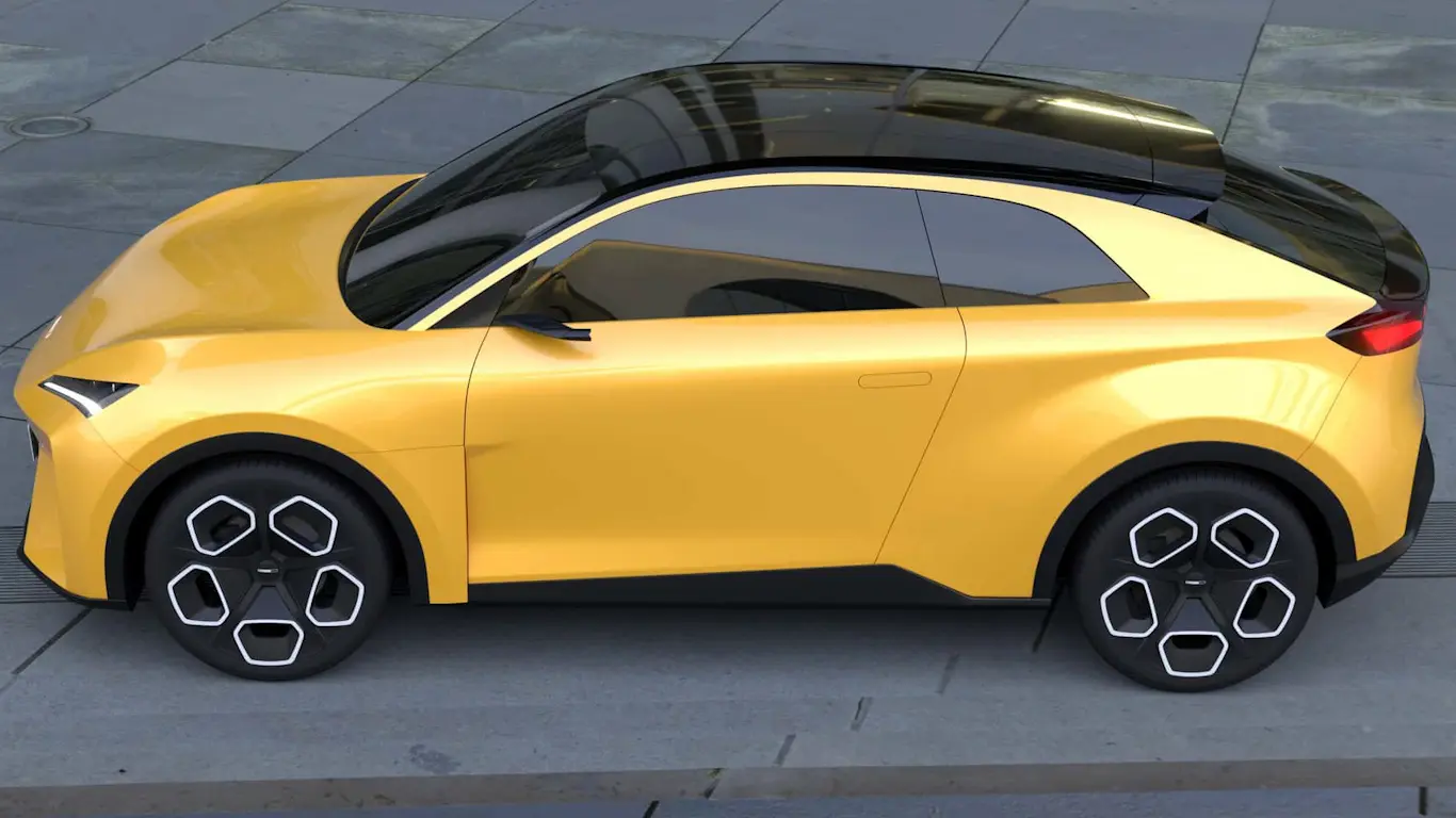Volkswagen EVX cupê amarelo visto de lado